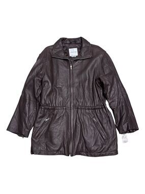 ANDREW MARC LEATHER Luxury Designer Brown Business Casual Coat Womens Large
